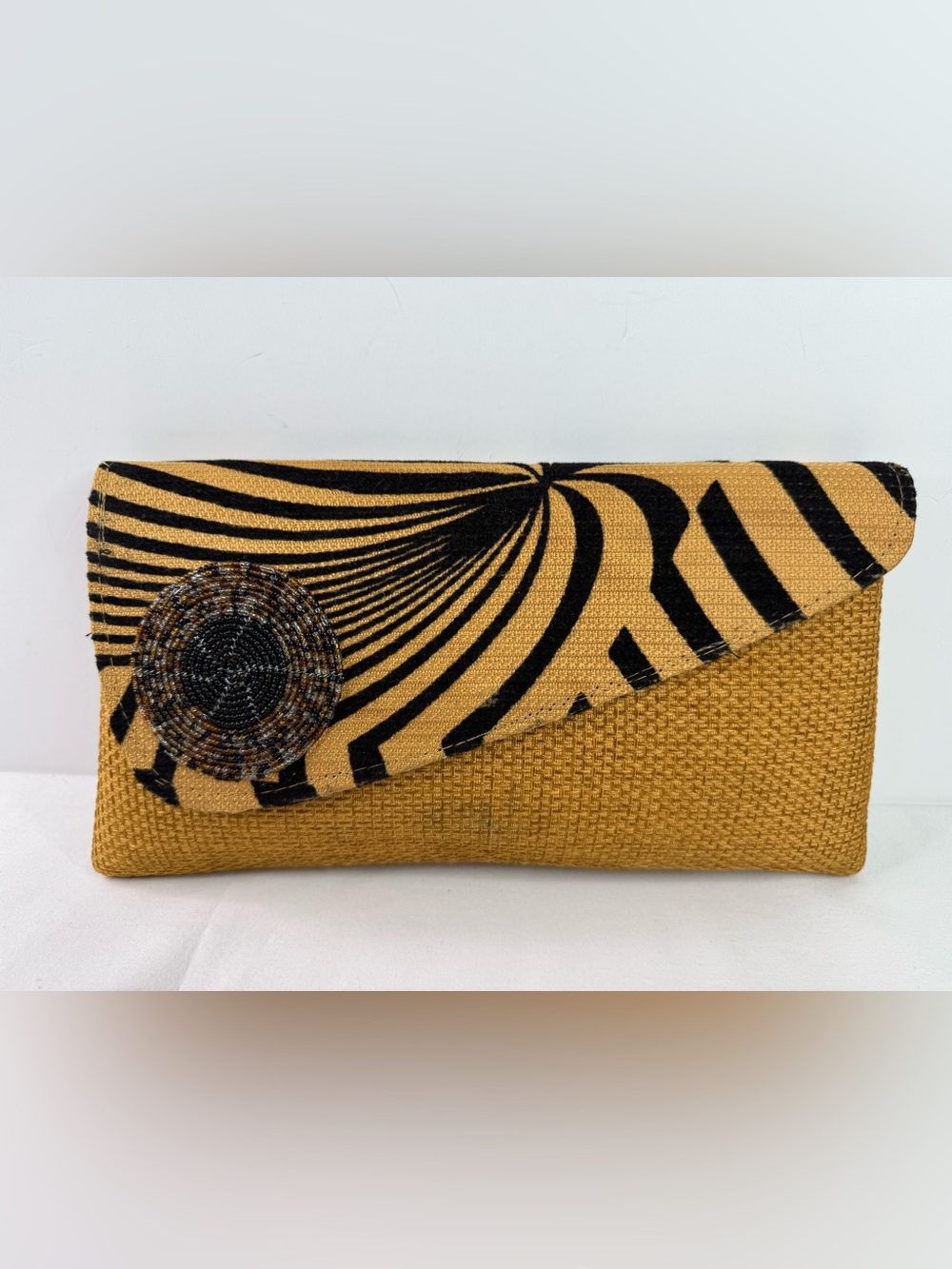 Handwoven Mustard Yellow and Black Patterned Clutch Zebra Print